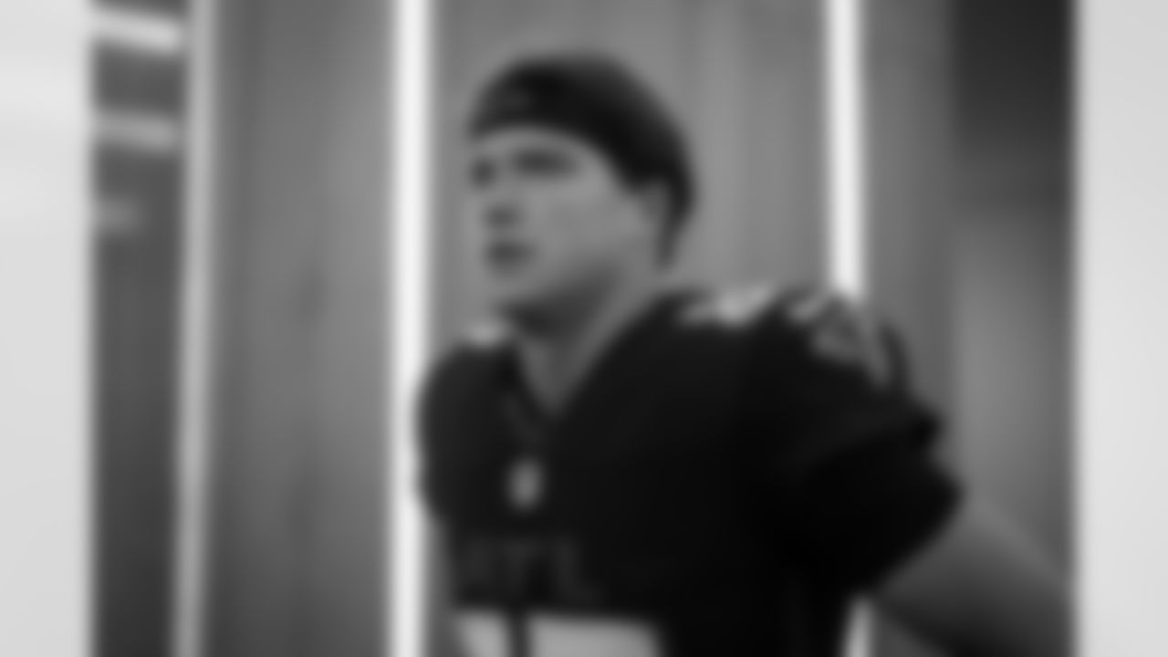 Atlanta Falcons wide receiver David Sills V #87 in the locker room before the Week 14 Game against the Seattle Seahawks at Mercedes-Benz Stadium in Atlanta, Georgia on Sunday, December 7, 2025. (Photo by Jay Bendlin/Atlanta Falcons)