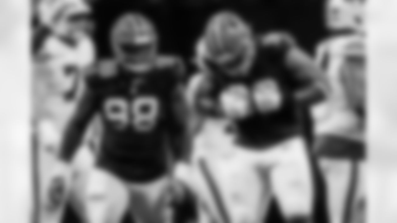 Atlanta Falcons defensive lineman David Onyemata #90 celebrates during the Week 6 Game against the Buffalo Bills at Mercedes-Benz Stadium in Atlanta, Georgia on Monday, October 13, 2025. (Photo by Matthew Grimes/Atlanta Falcons)