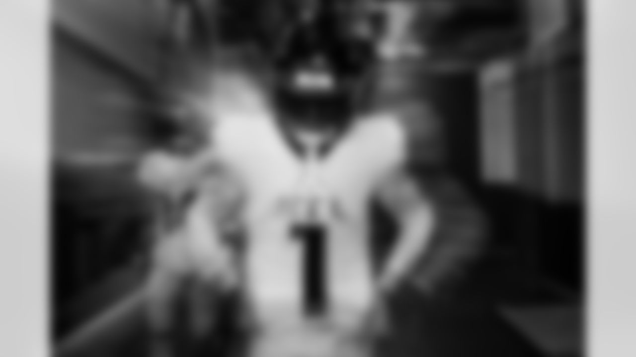 Atlanta Falcons wide receiver Darnell Mooney #1 walks out before  the Week 12 Game against the New Orleans Saints at Caesars Superdome in New Orleans, Louisiana on Sunday, November 23, 2025. (Photo by Jay Bendlin/Atlanta Falcons)