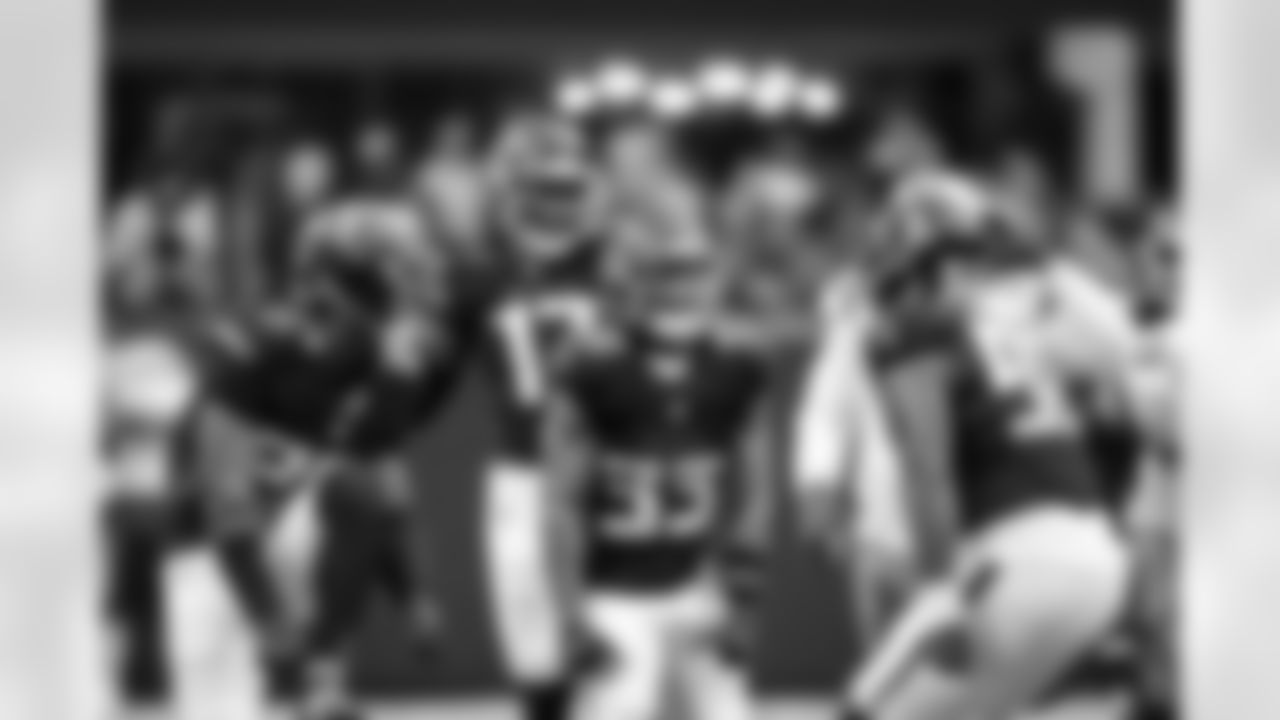 Atlanta Falcons defensive back Billy Bowman Jr. #33 celebrates a sack during the Week 11 Game against the Carolina Panthers at Mercedes-Benz Stadium in Atlanta, Georgia on Sunday, November 16, 2025. (Photo by Kevin Liles/Atlanta Falcons)