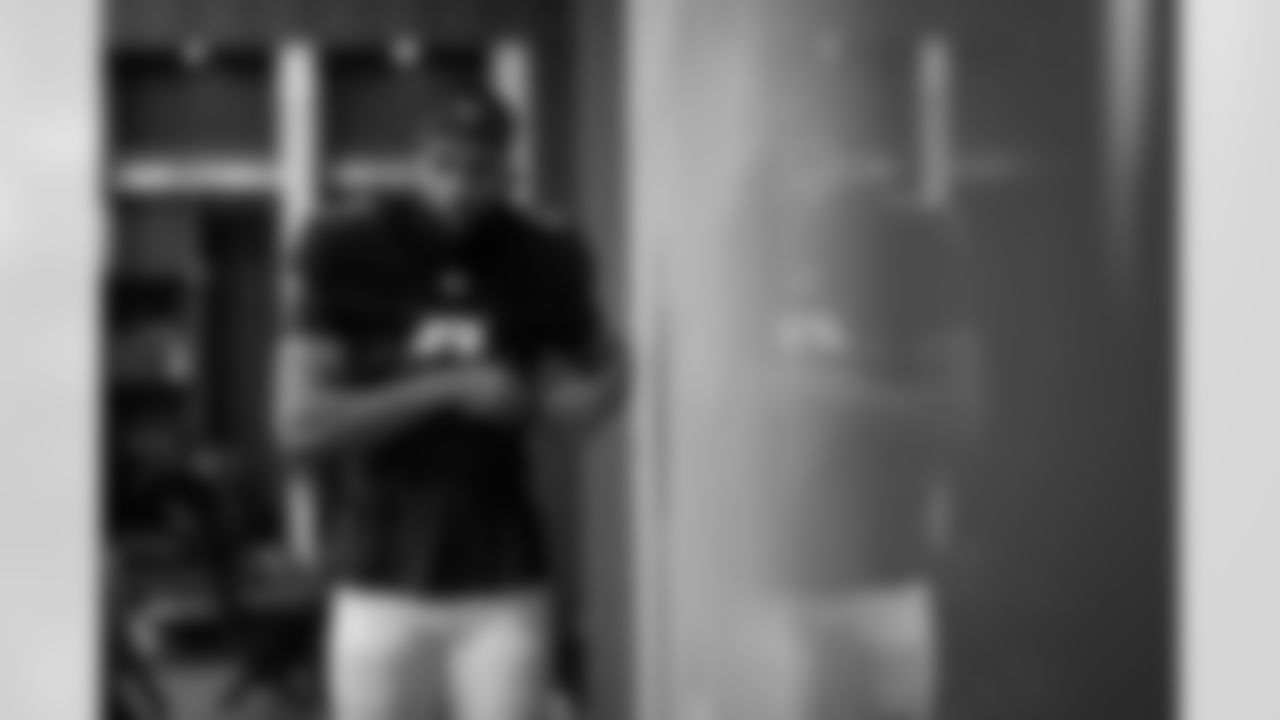 Atlanta Falcons wide receiver KhaDarel Hodge #4 prepares in the locker room before the Week 11 Game against the Carolina Panthers at Mercedes-Benz Stadium in Atlanta, Georgia on Sunday, November 16, 2025. (Photo by Jay Bendlin/Atlanta Falcons)