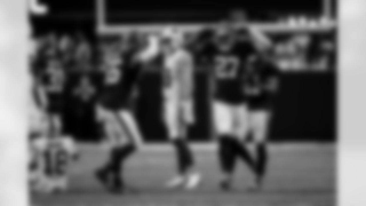 Atlanta Falcons edge rusher James Pearce Jr. #27 and Atlanta Falcons inside linebacker Kaden Elliss #55 react during the Week 6 Game against the Buffalo Bills at Mercedes-Benz Stadium in Atlanta, Georgia on Monday, October 13, 2025. (Photo by Taylor McLaughlin/Atlanta Falcons)