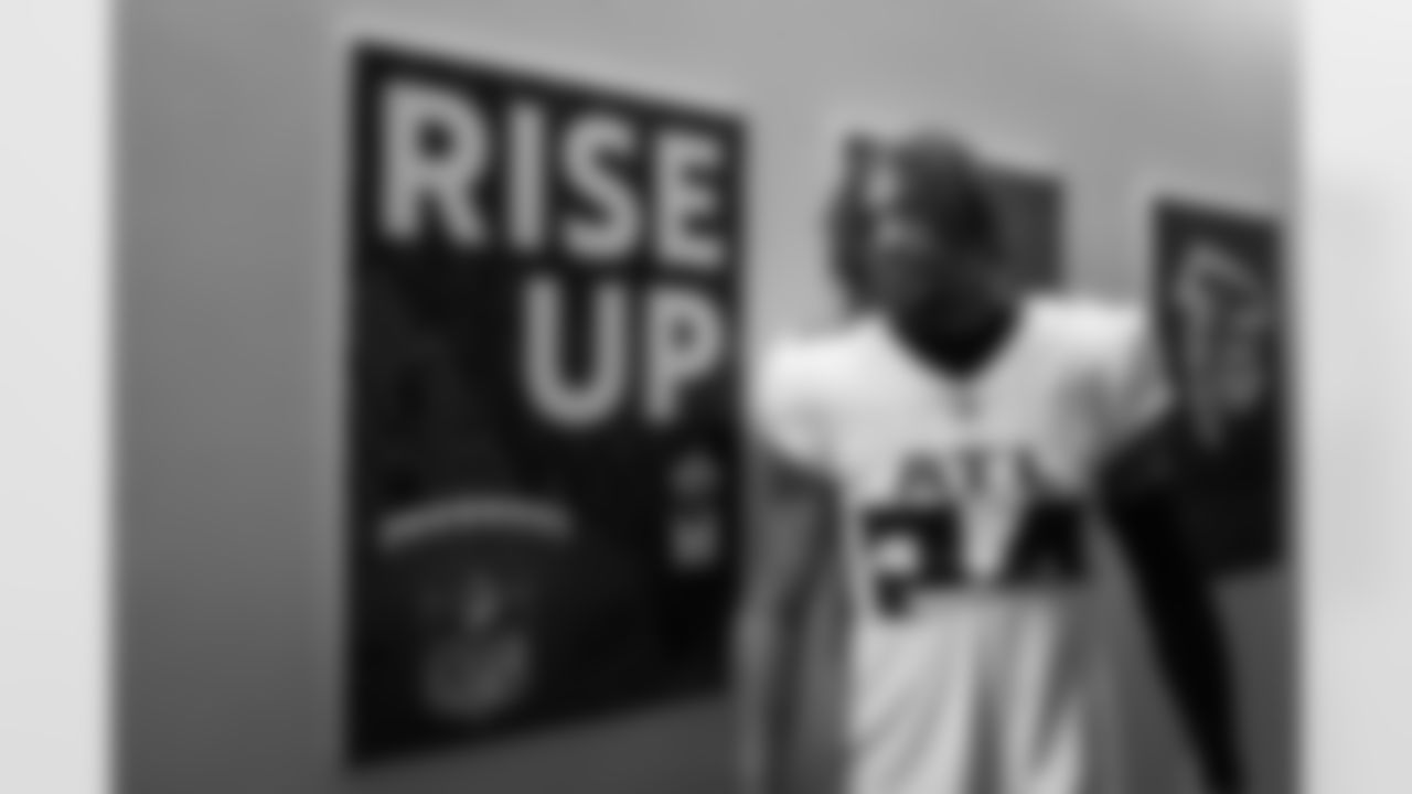 Atlanta Falcons cornerback A.J. Terrell Jr. #24 prepares in the locker room before the Week 10 Game against the Indianapolis Colts at Olympic Stadium in Berlin, Germany on Sunday, November 9, 2025. (Photo by Jay Bendlin/Atlanta Falcons)