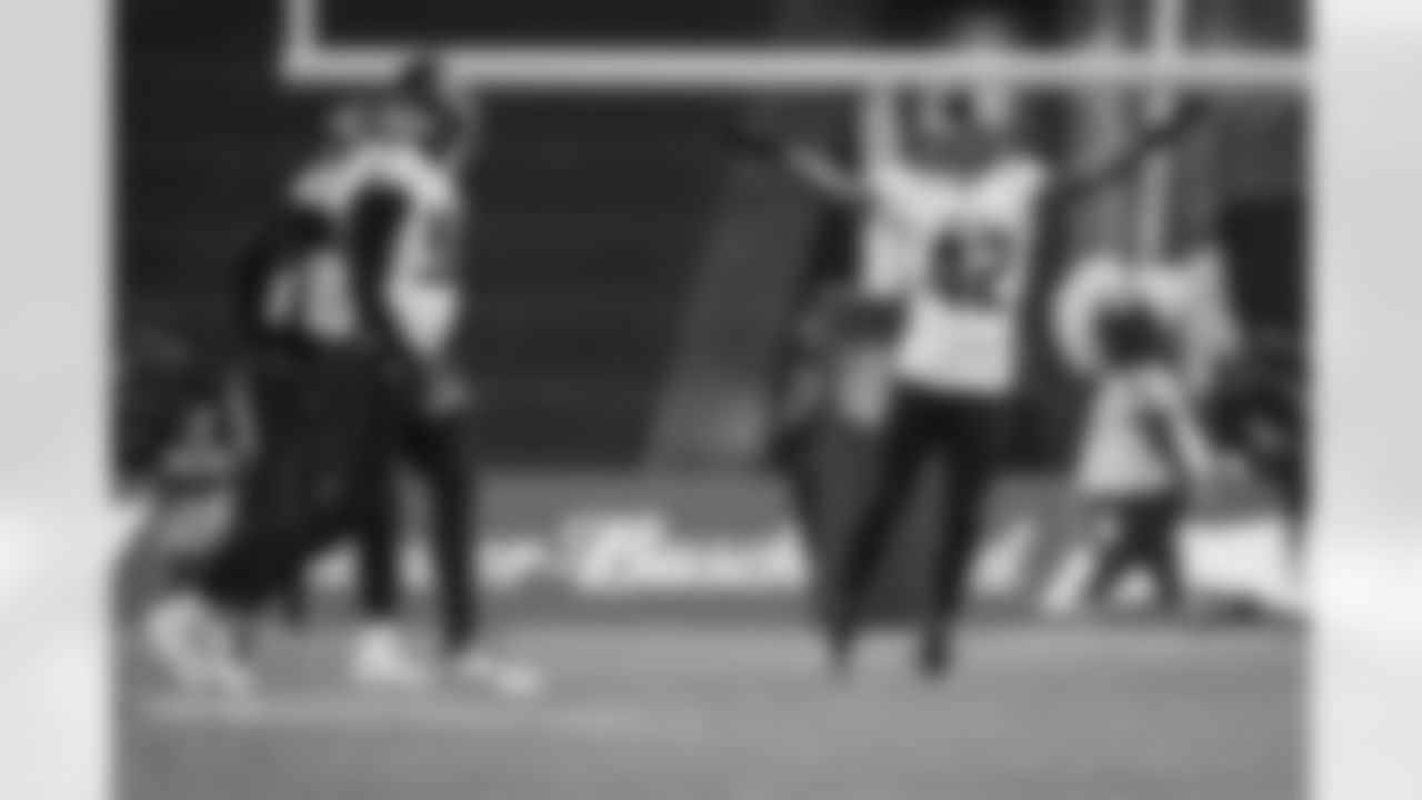 Atlanta Falcons linebacker Josh Woods #42 reacts during the Week 10 Game against the Indianapolis Colts at Olympic Stadium in Berlin, Germany on Sunday, November 9, 2025. (Photo by Jay Bendlin/Atlanta Falcons)