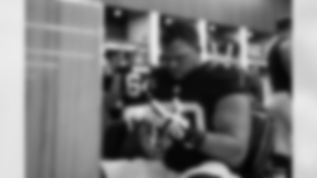 Atlanta Falcons tackle Jake Matthews #70 prepares in the locker room before the Week 6 Game against the Buffalo Bills at Mercedes-Benz Stadium in Atlanta, Georgia on Monday, October 13, 2025. (Photo by Jay Bendlin/Atlanta Falcons)