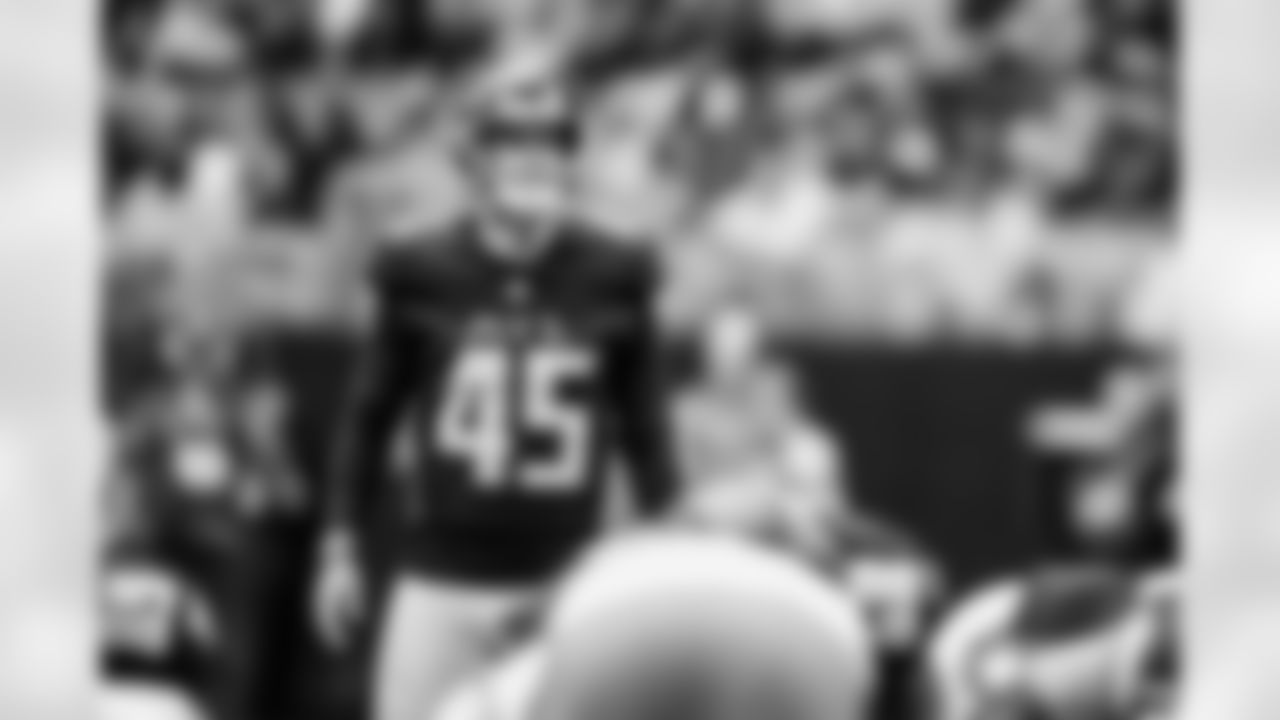 Atlanta Falcons kicker Zane Gonzalez #45 kicks an extra point during the Week 11 Game against the Carolina Panthers at Mercedes-Benz Stadium in Atlanta, Georgia on Sunday, November 16, 2025. (Photo by Taylor McLaughlin/Atlanta Falcons)