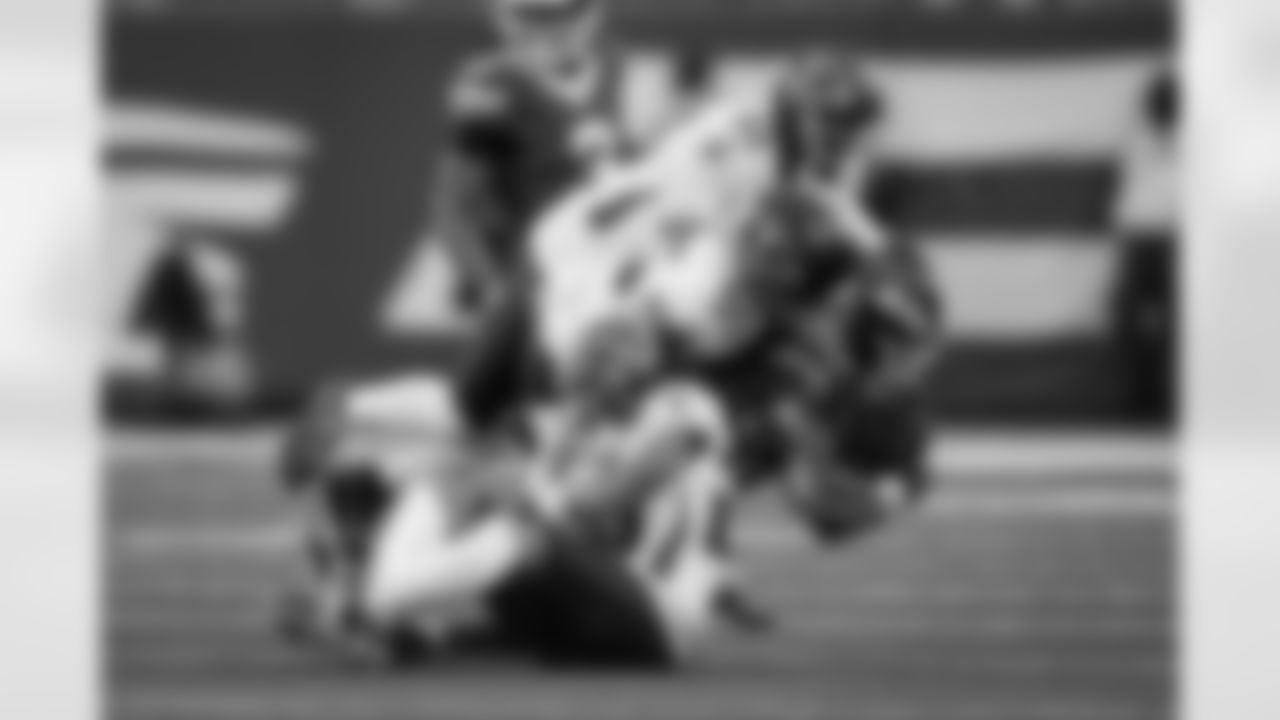 Atlanta Falcons cornerback A.J. Terrell #24 and linebacker Kaden Elliss #55 make a tackle during the third quarter of the Week 13 Game against the New York Jets at Metlife Stadium in East Rutherford, New Jersey on Sunday, November 30, 2025. (Photo by Taylor McLaughlin/Atlanta Falcons)