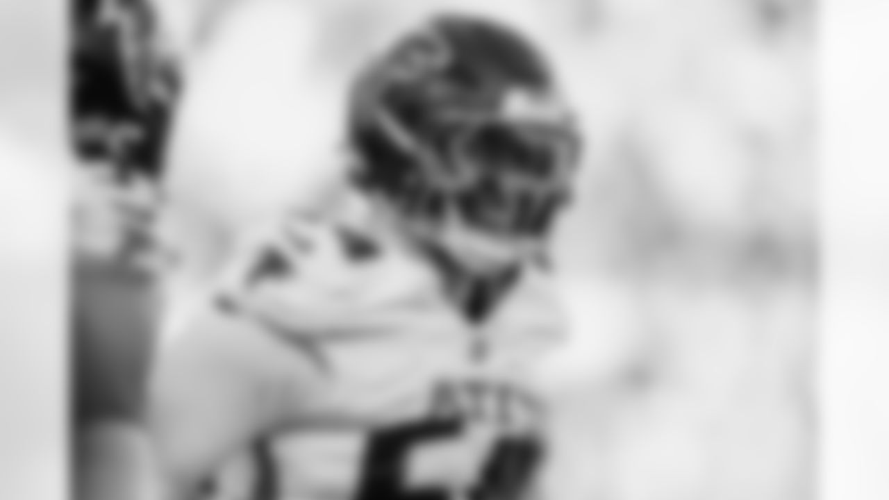 Atlanta Falcons defensive tackle Brandon Dorlus #54 reacts after a sack during the third quarter of the Week 9 Game against the New England Patriots at Gillette Stadium in Foxborough, Massachusetts on Sunday, November 2, 2025. (Photo by Taylor McLaughlin/Atlanta Falcons)