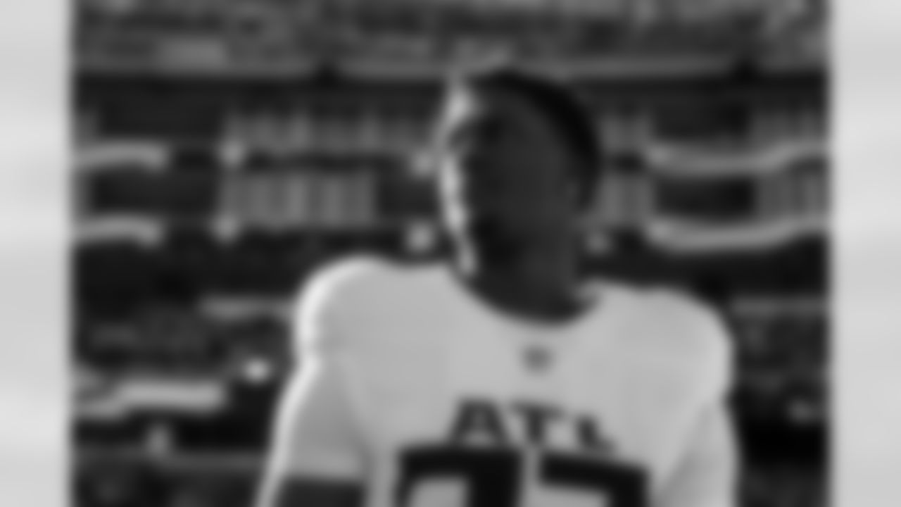 Atlanta Falcons edge rusher James Pearce Jr. #27 during the national anthem prior to the Week 9 Game against the New England Patriots at Gillette Stadium in Foxborough, Mass. on Sunday, November 2, 2025. (Photo by Jay Bendlin/Atlanta Falcons)