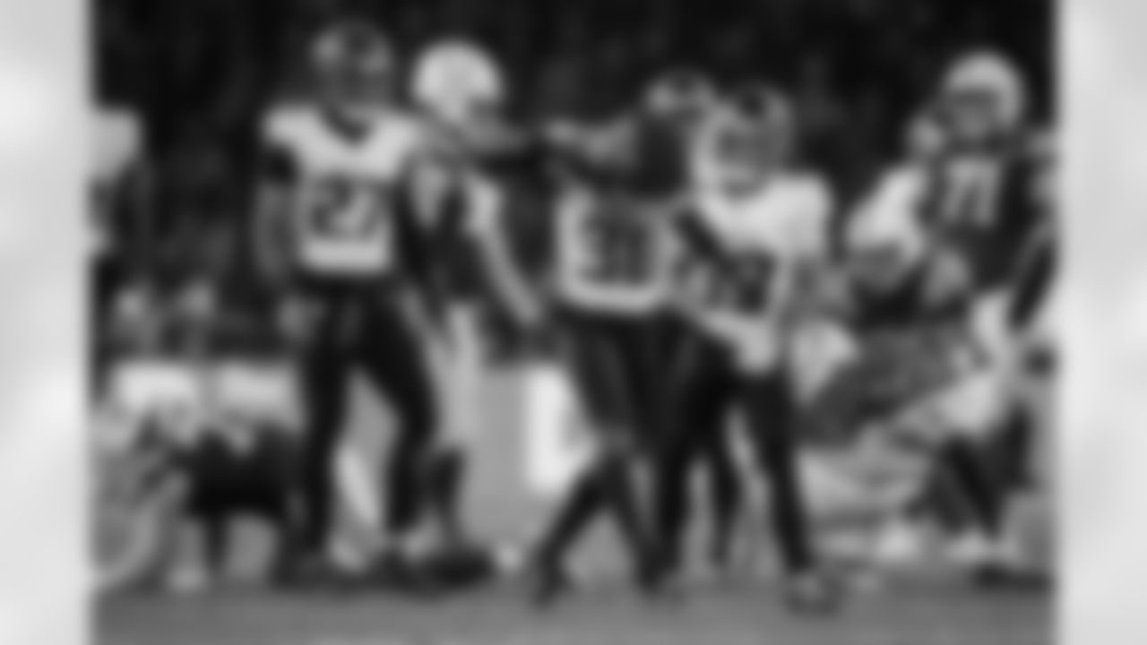 Atlanta Falcons inside linebacker Ronnie Harrison #36 makes a sack during the Week 10 Game against the Indianapolis Colts at Olympic Stadium in Berlin, Germany on Sunday, November 9, 2025. (Photo by Jay Bendlin/Atlanta Falcons)