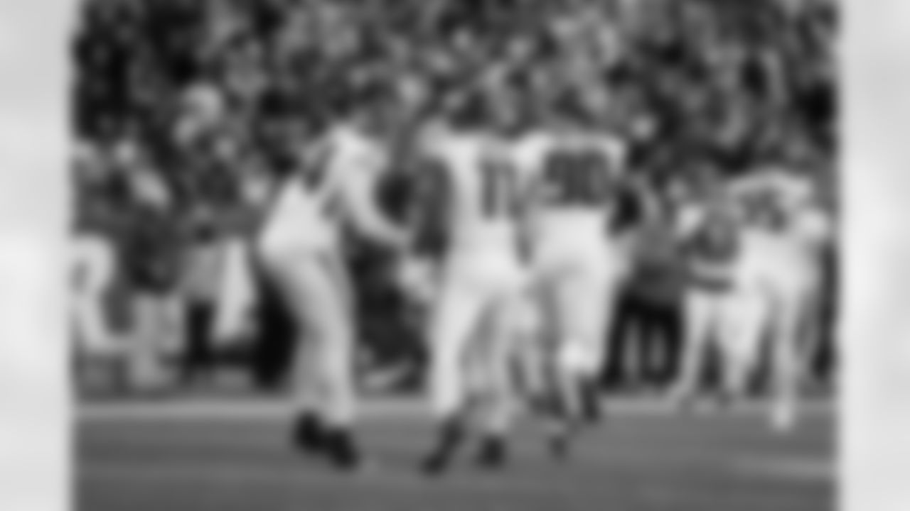 Atlanta Falcons edge rusher Jalon Walker #11 and Atlanta Falcons defensive tackle Brandon Dorlus #54 during the Week 9 Game against the New England Patriots at Gillette Stadium in Foxborough, Mass. on Sunday, November 2, 2025. (Photo by Taylor McLaughlin/Atlanta Falcons)