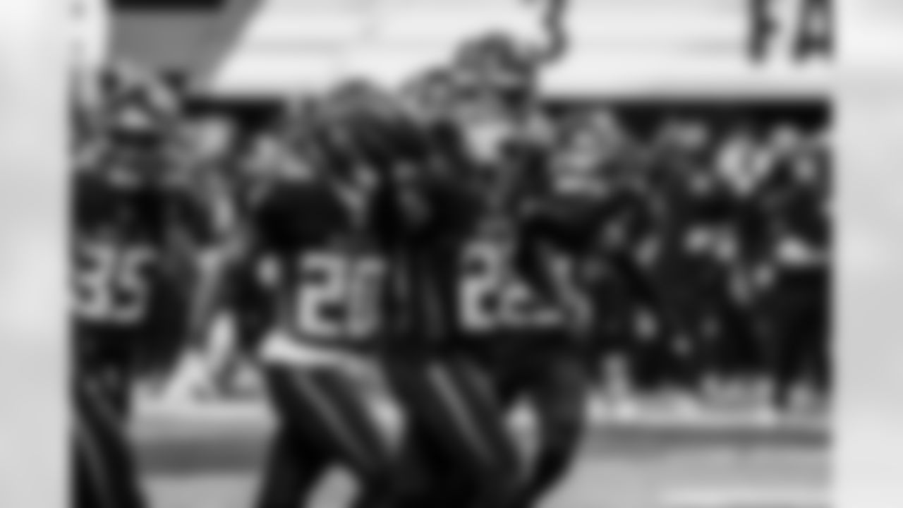 Atlanta Falcons cornerback Mike Hughes #21 celebrates after an interception during the second quarter of the Week 14 Game against the Seattle Seahawks at Mercedes-Benz Stadium in Atlanta, Georgia on Sunday, December 7, 2025. (Photo by Nathan Bolster/Atlanta Falcons)