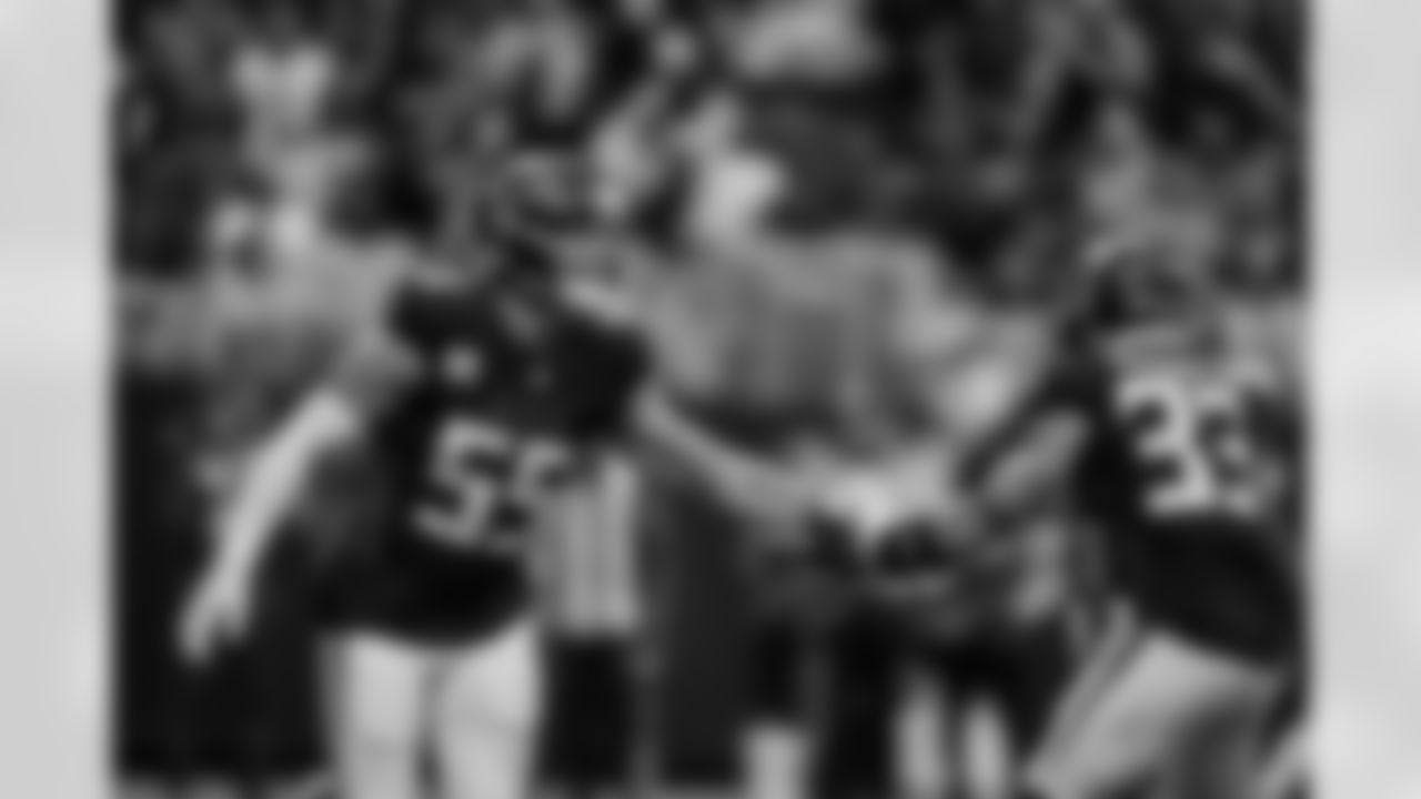 Atlanta Falcons inside linebacker Kaden Elliss #55 and Atlanta Falcons defensive back Billy Bowman Jr. #33 react during the Week 11 Game against the Carolina Panthers at Mercedes-Benz Stadium in Atlanta, Georgia on Sunday, November 16, 2025. (Photo by Taylor McLaughlin/Atlanta Falcons)