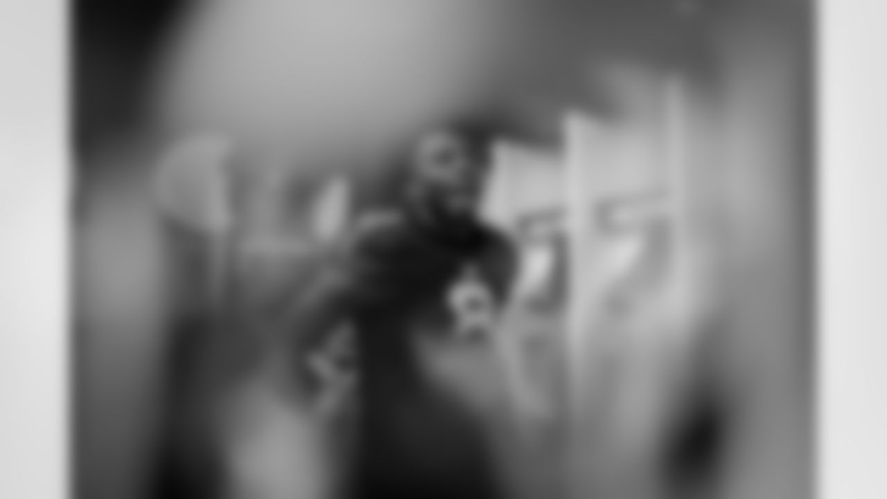 Atlanta Falcons tight end Kyle Pitts Sr. #8 prepares in the locker room before the Week 17 Game against the Los Angeles Rams at Mercedes-Benz Stadium in Atlanta, Georgia on Monday, December 29, 2025. (Photo by Jay Bendlin/Atlanta Falcons)