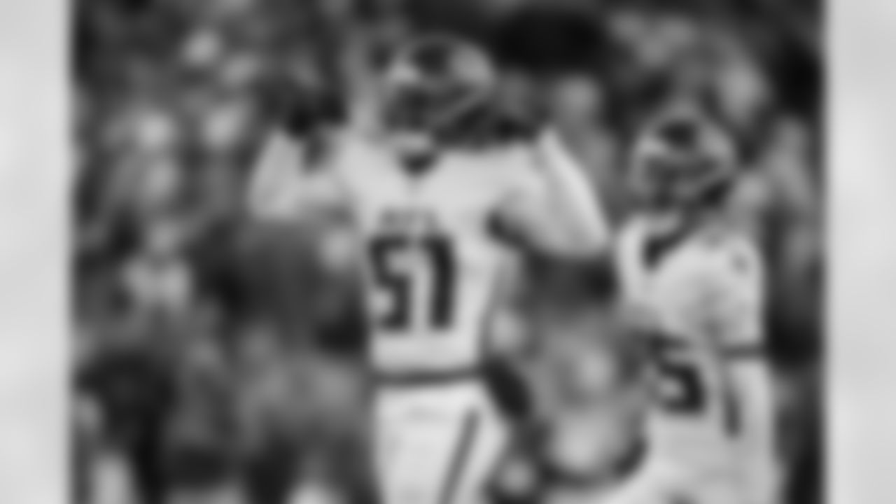 Atlanta Falcons outside linebacker DeAngelo Malone #51 reacts after a tackle during the fourth quarter of the Week 9 Game against the New England Patriots at Gillette Stadium in Foxborough, Massachusetts on Sunday, November 2, 2025. (Photo by Taylor McLaughlin/Atlanta Falcons)