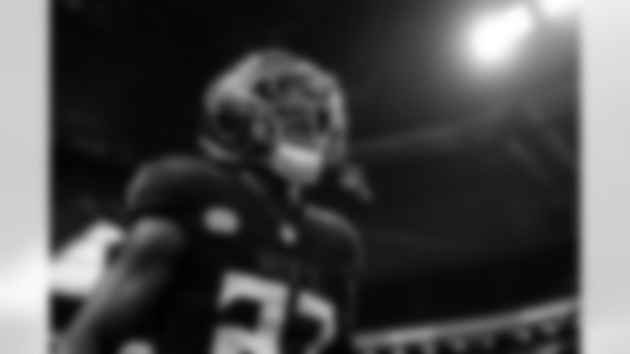 Atlanta Falcons edge rusher James Pearce Jr. #27 looks on during warm ups before the Week 1 Game against the Tampa Bay Buccaneers at Mercedes-Benz Stadium in Atlanta, Ga. on Sunday, September 7, 2025. (Photo by Jay Bendlin/Atlanta Falcons)