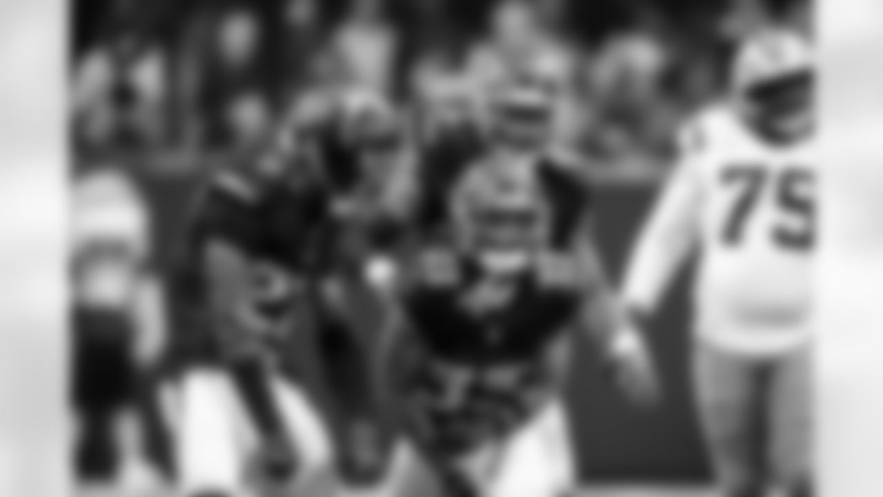 Atlanta Falcons defensive back Billy Bowman Jr. #33 celebrates a sack during the Week 11 Game against the Carolina Panthers at Mercedes-Benz Stadium in Atlanta, Georgia on Sunday, November 16, 2025. (Photo by Kevin Liles/Atlanta Falcons)