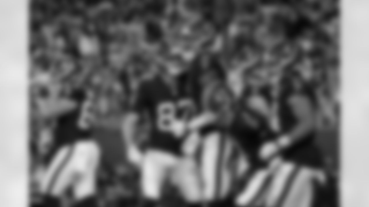 Atlanta Falcons tight end Kyle Pitts Sr. #8 celebrates with teammates after a touchdown during the Week 15 Game against the Tampa Bay Buccaneers at Raymond James Stadium in Tampa, Florida on Thursday, December 11, 2025. (Photo by Taylor McLaughlin/Atlanta Falcons)