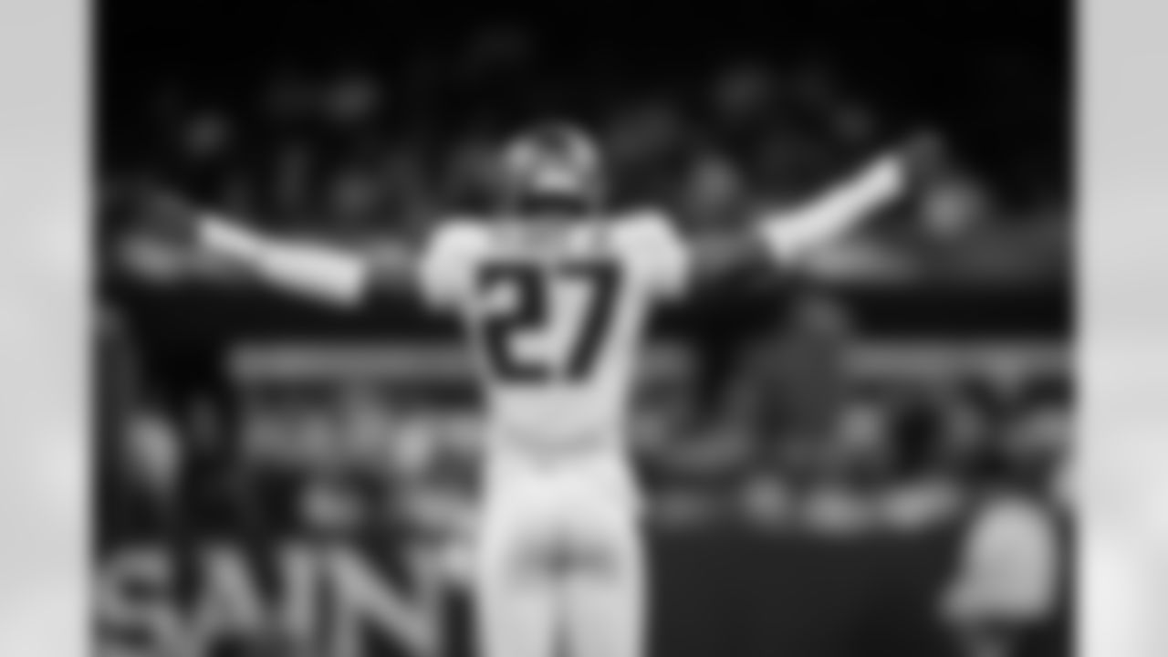 Atlanta Falcons edge rusher James Pearce Jr. #27 reacts during the Week 12 Game against the New Orleans Saints at Caesars Superdome in New Orleans, Louisiana on Sunday, November 23, 2025. (Photo by Jay Bendlin/Atlanta Falcons)