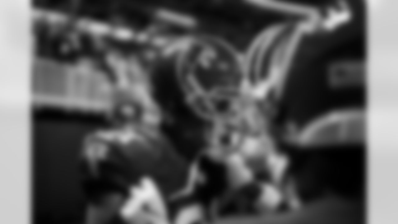 Atlanta Falcons safety Xavier Watts #31 celebrates with teammates after an interception during the Week 17 Game against the Los Angeles Rams at Mercedes-Benz Stadium in Atlanta, Georgia on Monday, December 29, 2025. (Photo by Steven Burroughs/Atlanta Falcons)