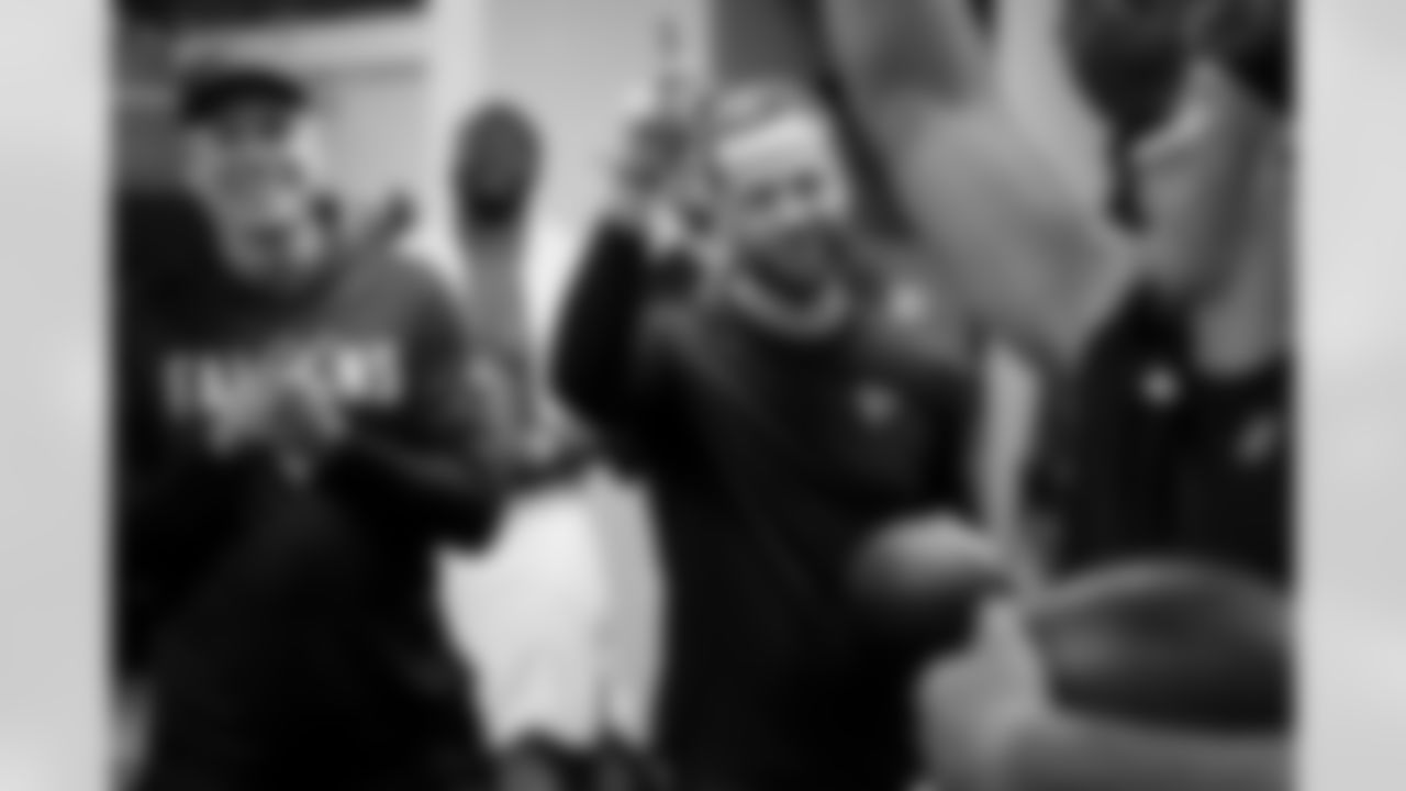 Atlanta Falcons kicker Zane Gonzalez #45 celebrates in the locker room during the Week 15 Game against the Tampa Bay Buccaneers at Raymond James Stadium in Tampa, Florida on Thursday, December 11, 2025. (Photo by Jay Bendlin/Atlanta Falcons)