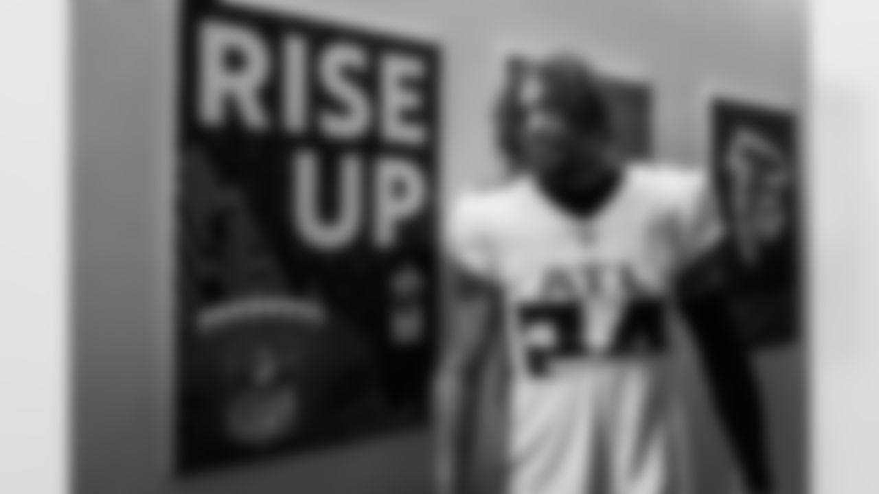 Atlanta Falcons cornerback A.J. Terrell Jr. #24 prepares in the locker room before the Week 10 Game against the Indianapolis Colts at Olympic Stadium in Berlin, Germany on Sunday, November 9, 2025. (Photo by Jay Bendlin/Atlanta Falcons)