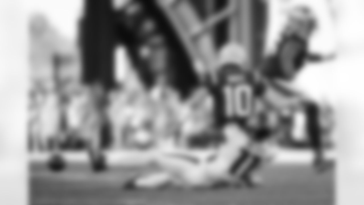 Atlanta Falcons edge rusher Jalon Walker #11 forces a fumble during the Week 9 Game against the New England Patriots at Gillette Stadium in Foxborough, Massachusetts on Sunday, November 2, 2025. (Photo by Jay Bendlin/Atlanta Falcons)