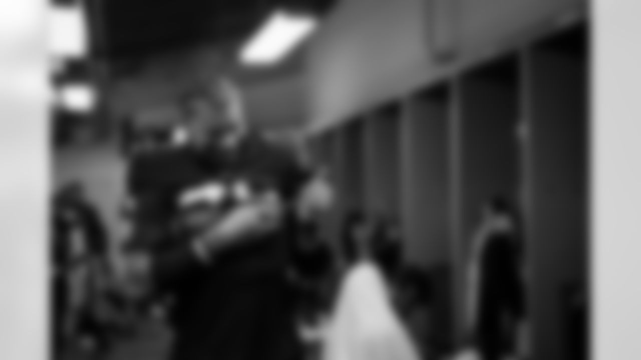 Atlanta Falcons linebacker Josh Woods #42 in the locker room during the Week 15 Game against the Tampa Bay Buccaneers at Raymond James Stadium in Tampa, Florida on Thursday, December 11, 2025. (Photo by Jay Bendlin/Atlanta Falcons)