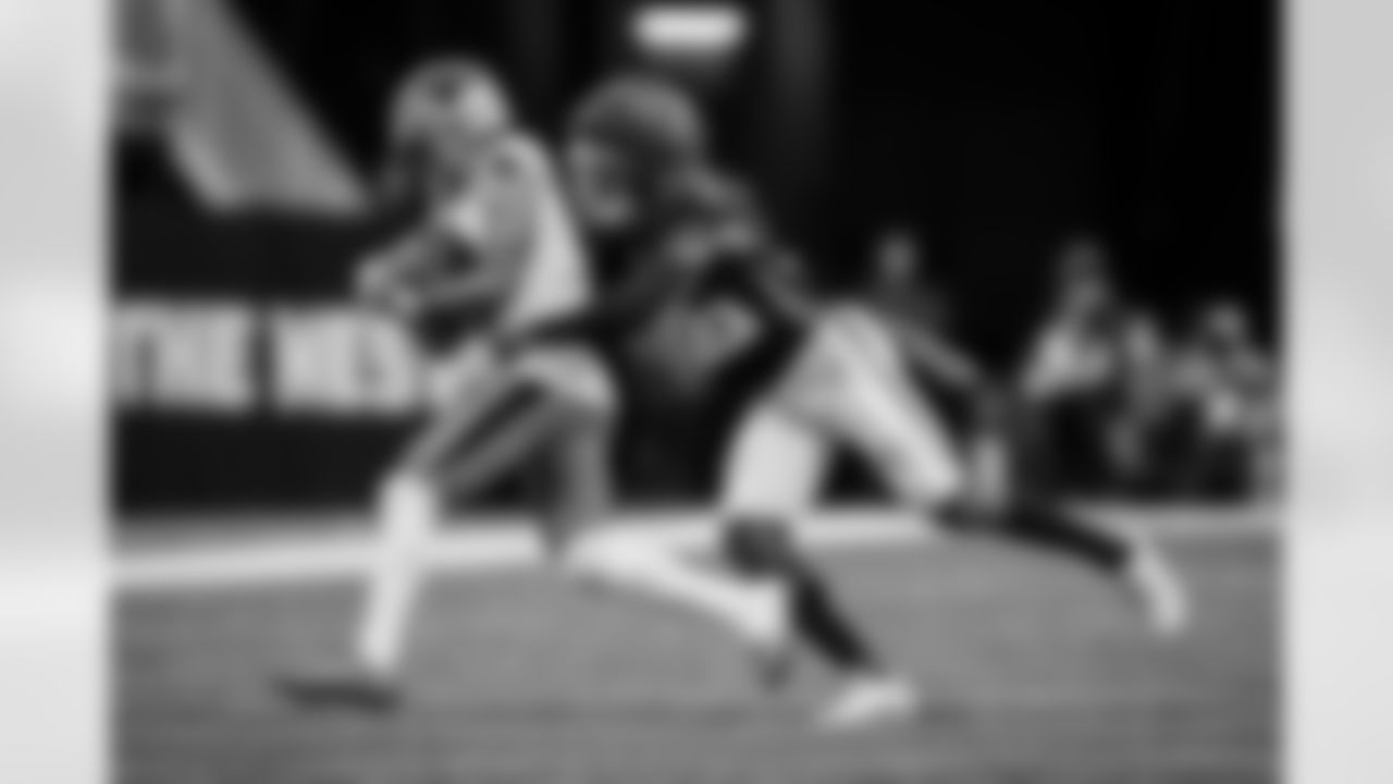 Atlanta Falcons inside linebacker Ronnie Harrison #36 makes a sack during the Week 11 Game against the Carolina Panthers at Mercedes-Benz Stadium in Atlanta, Georgia on Sunday, November 16, 2025. (Photo by Jay Bendlin/Atlanta Falcons)