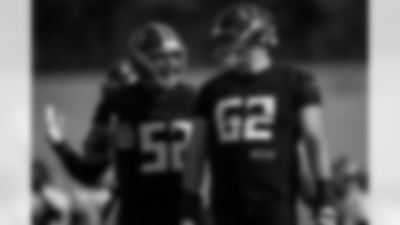Atlanta Falcons offensive lineman Jovaughn Gwyn #52 and Atlanta Falcons offensive lineman Andrew Stueber #62 during practice at Atlanta Falcons Training Facility in Flowery Branch, Georgia, on Wednesday, December 24, 2025. (Photo by Jay Bendlin/Atlanta Falcons)