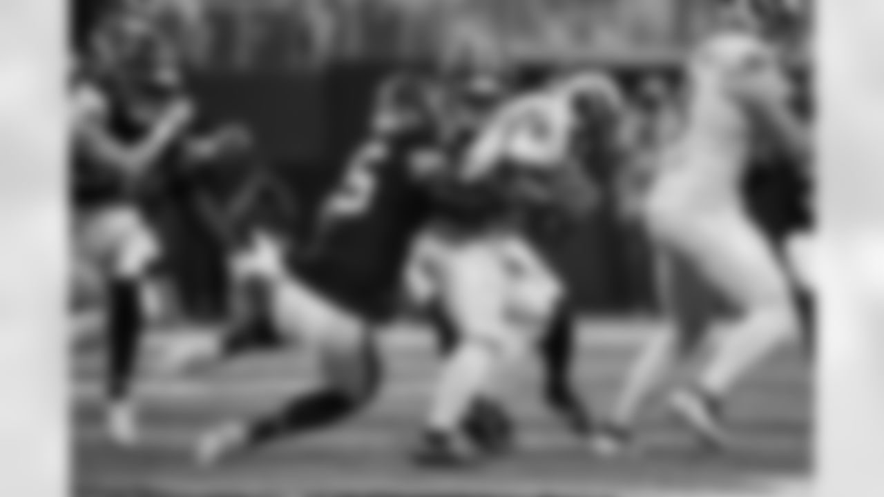 Atlanta Falcons inside linebacker Kaden Elliss #55 makes a tackle during the Week 17 Game against the Los Angeles Rams at Mercedes-Benz Stadium in Atlanta, Georgia on Monday, December 29, 2025. (Photo by Taylor McLaughlin/Atlanta Falcons)