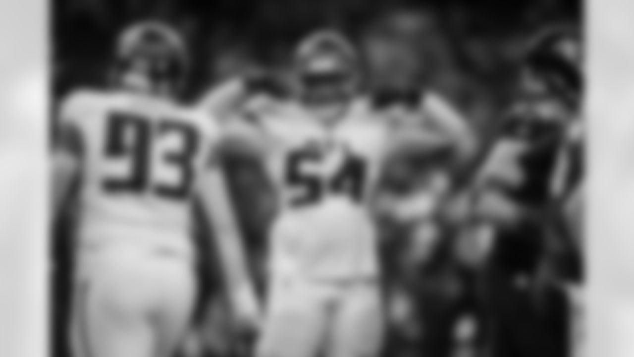 Atlanta Falcons defensive tackle Brandon Dorlus #54 reacts during the Week 12 Game against the New Orleans Saints at Caesars Superdome in New Orleans, Louisiana on Sunday, November 23, 2025. (Photo by Taylor McLaughlin/Atlanta Falcons)
