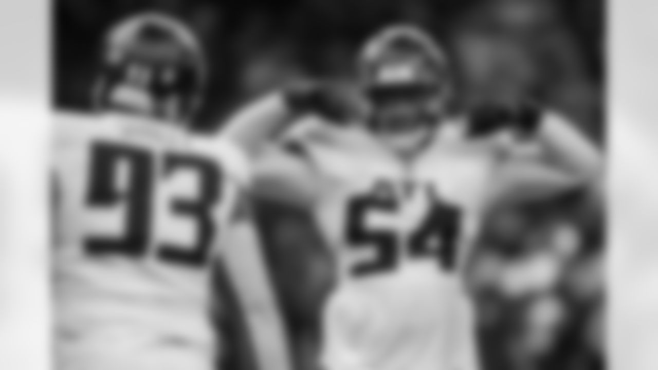 Atlanta Falcons defensive tackle Brandon Dorlus #54 reacts during the Week 12 Game against the New Orleans Saints at Caesars Superdome in New Orleans, Louisiana on Sunday, November 23, 2025. (Photo by Taylor McLaughlin/Atlanta Falcons)