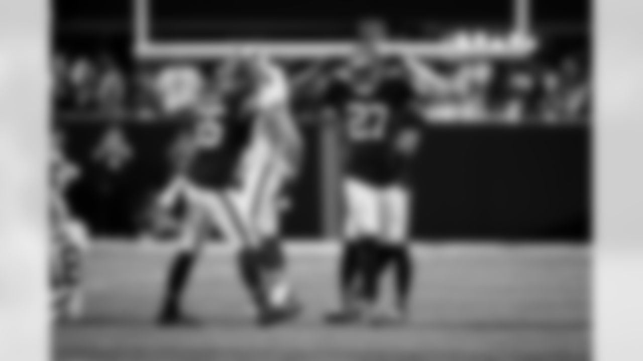 Atlanta Falcons edge rusher James Pearce Jr. #27 and Atlanta Falcons inside linebacker Kaden Elliss #55 react during the Week 6 Game against the Buffalo Bills at Mercedes-Benz Stadium in Atlanta, Georgia on Monday, October 13, 2025. (Photo by Taylor McLaughlin/Atlanta Falcons)