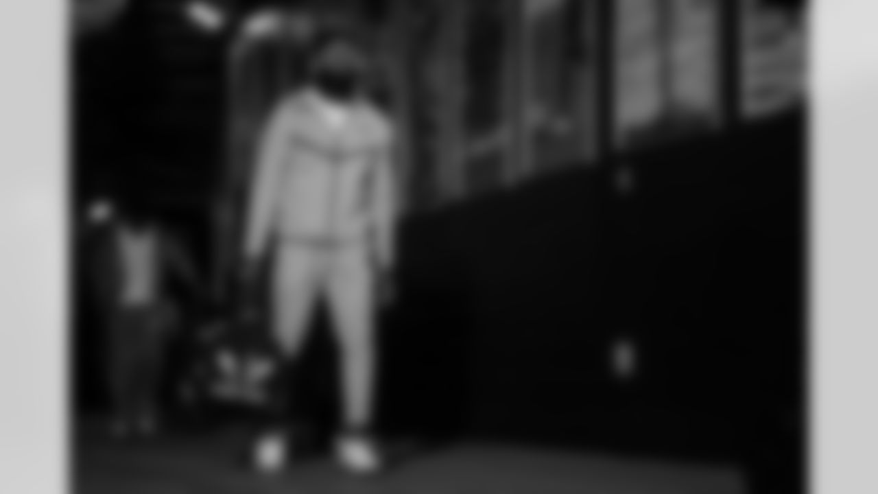 Atlanta Falcons cornerback Natrone Brooks #35 arrives before the Week 9 Game against the New England Patriots at Gillette Stadium in Foxborough, Massachusetts on Sunday, November 2, 2025. (Photo by Jay Bendlin/Atlanta Falcons)