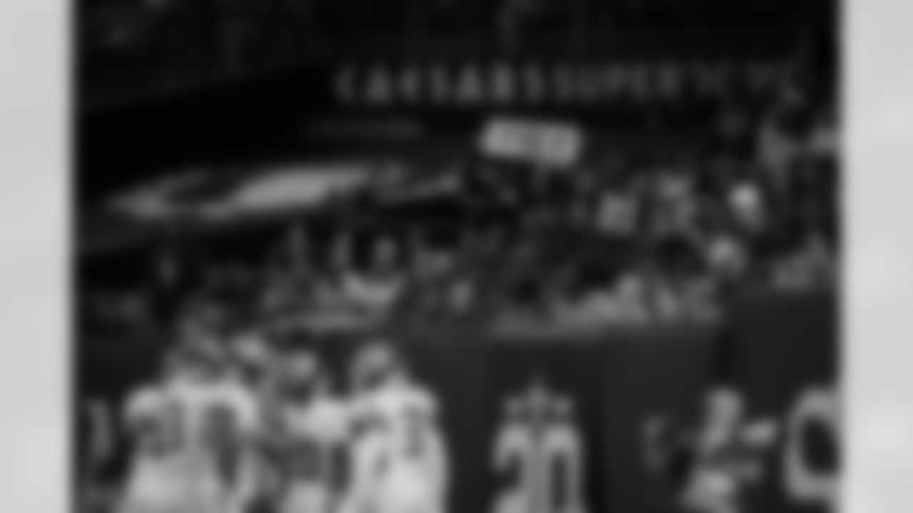 Atlanta Falcons cornerback Dee Alford #20 celebrates with teammates after recovering a fumble during the Week 12 Game against the New Orleans Saints at Caesars Superdome in New Orleans, Louisiana on Sunday, November 23, 2025. (Photo by Taylor McLaughlin/Atlanta Falcons)