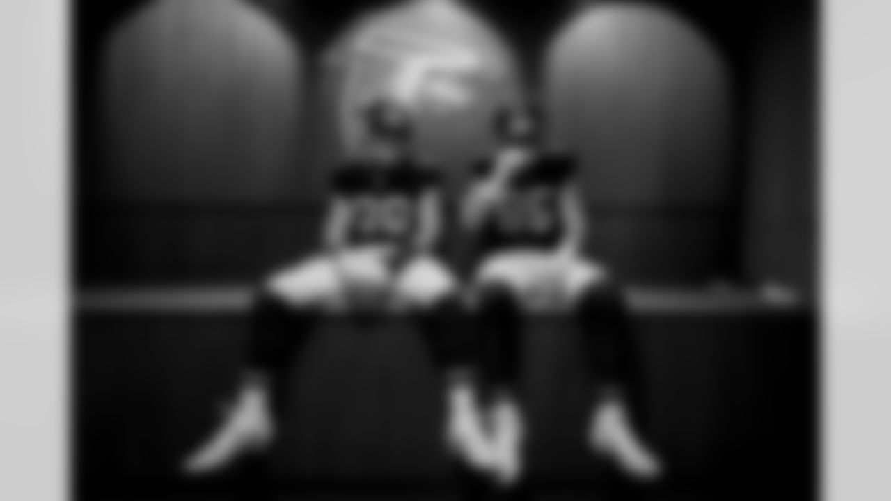 Atlanta Falcons tight end Charlie Woerner #89 and Atlanta Falcons tight end Ross Dwelley #85 in the locker room before the Week 16 Game against the New York Giants at Mercedes-Benz Stadium in Atlanta, Georgia on Sunday, December 22, 2024. (Photo by Shanna Lockwood/Atlanta Falcons)