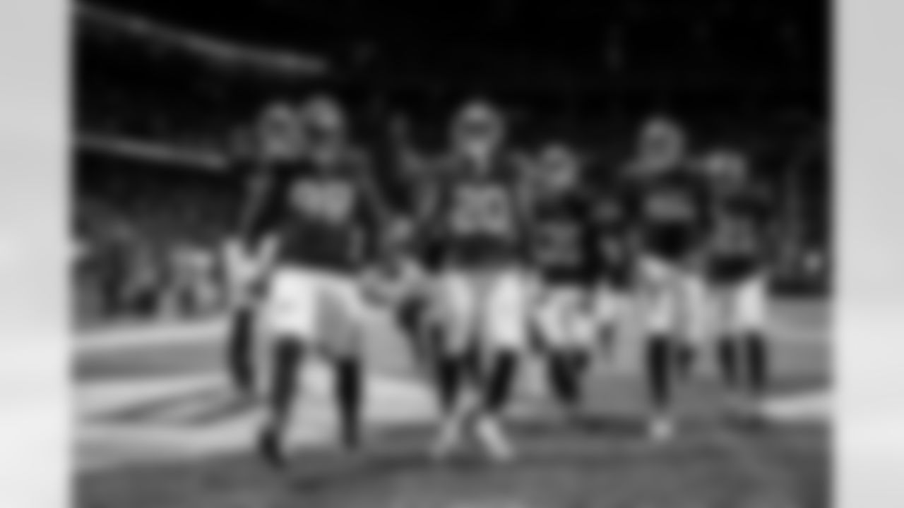 The Atlanta Falcons defense reacts after Atlanta Falcons cornerback Dee Alford #20 intercepts the ball during the Week 6 Game against the Buffalo Bills at Mercedes-Benz Stadium in Atlanta, Georgia on Monday, October 13, 2025. (Photo by Jay Bendlin/Atlanta Falcons)