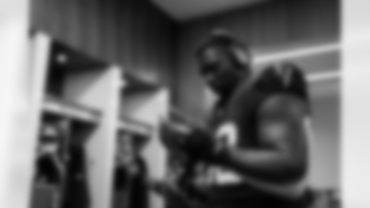 Atlanta Falcons defensive lineman Ruke Orhorhoro #98 prepares in the locker room before the Week 6 Game against the Buffalo Bills at Mercedes-Benz Stadium in Atlanta, Georgia on Monday, October 13, 2025. (Photo by Jay Bendlin/Atlanta Falcons)