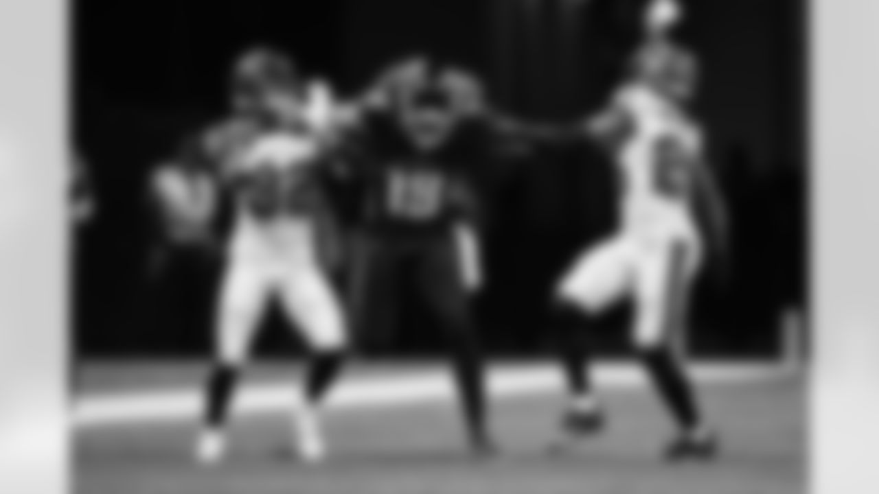 Atlanta Falcons wide receiver Mack Hollins #18 fights a double team during the third quarter of the Week 14 Game against the Tampa Bay Buccaneers at Mercedes-Benz Stadium in Atlanta, Georgia on Sunday, December 10, 2023. (Photo by Jay Bendlin/Atlanta Falcons)