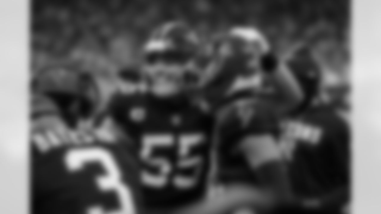 Atlanta Falcons inside linebacker Kaden Elliss #55 andAtlanta Falcons safety Xavier Watts #31 react after the interception during the Week 17 Game against the Los Angeles Rams at Mercedes-Benz Stadium in Atlanta, Georgia on Monday, December 29, 2025. (Photo by Taylor McLaughlin/Atlanta Falcons)