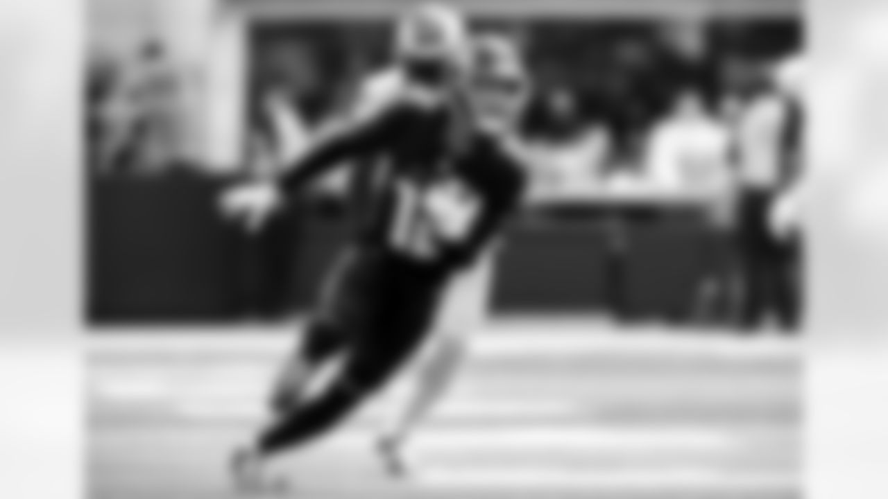 Atlanta Falcons wide receiver KhaDarel Hodge #12 runs after a catch during the first half against the Los Angeles Rams at SoFi Stadium in Inglewood, California on Sunday, September 18, 2022. (Photo by Shanna Lockwood/Atlanta Falcons)