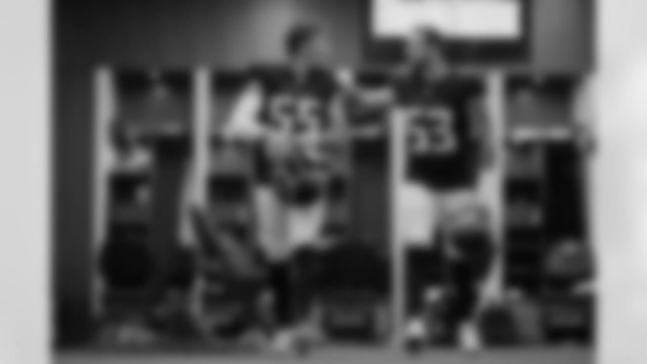 Atlanta Falcons linebacker Kaden Elliss #55 and Atlanta Falcons inside linebacker Nate Landman #53 prepare in the locker room before the Week 9 Game against the Dallas Cowboys at Mercedes-Benz Stadium in Atlanta, Georgia on Sunday, November 3, 2024. (Photo by Shanna Lockwood/Atlanta Falcons)