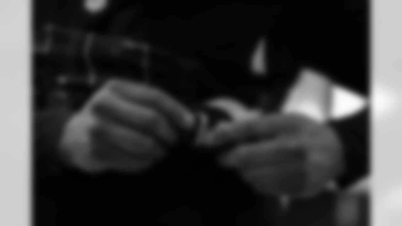 Atlanta Falcons defensive tackle Brandon Dorlus #54 prepares in the locker room before the Week 11 Game against the Carolina Panthers at Mercedes-Benz Stadium in Atlanta, Georgia on Sunday, November 16, 2025. (Photo by Jay Bendlin/Atlanta Falcons)