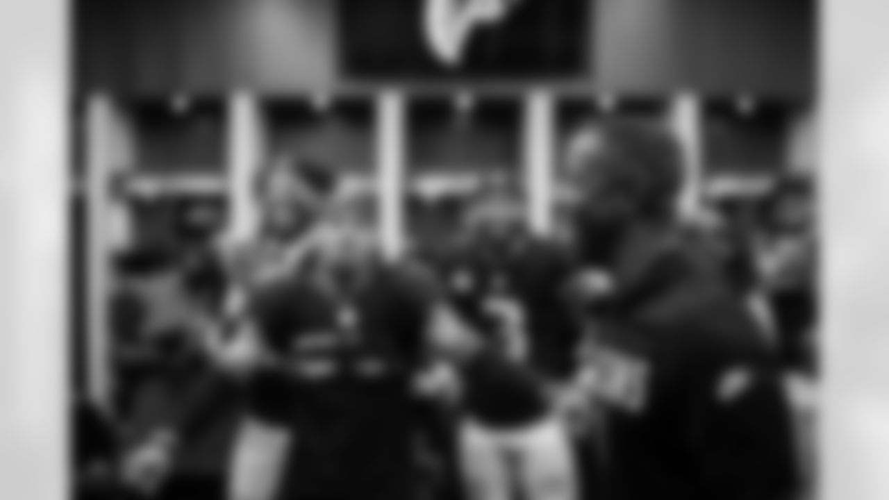 Atlanta Falcons head coach Raheem Morris in the locker room after the Week 6 Game against the Buffalo Bills at Mercedes-Benz Stadium in Atlanta, Georgia on Monday, October 13, 2025. (Photo by Jay Bendlin/Atlanta Falcons)