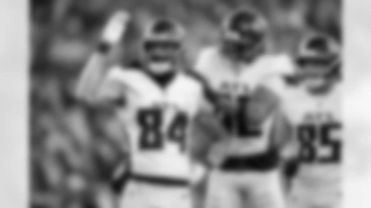 Atlanta Falcons tight end Feleipe Franks #84 reacts after a tackle during the fourth quarter of the Week 9 Game against the New England Patriots at Gillette Stadium in Foxborough, Massachusetts on Sunday, November 2, 2025. (Photo by Taylor McLaughlin/Atlanta Falcons)