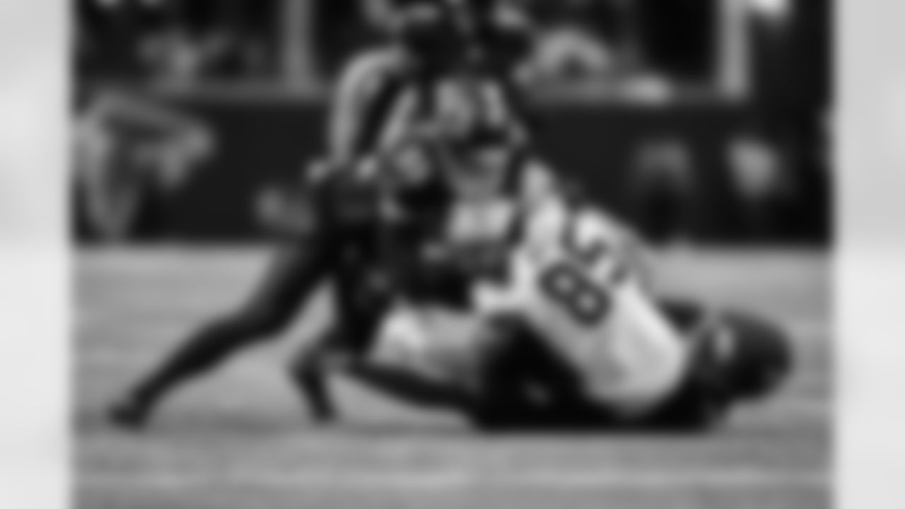 Atlanta Falcons cornerback C.J. Henderson #39 and Atlanta Falcons inside linebacker Kaden Elliss #55 make a tackle during the Week 18 Game against the New Orleans Saints at Mercedes-Benz Stadium in Atlanta, Georgia on Sunday, January 4, 2026. (Photo by AJ Reynolds/Atlanta Falcons)