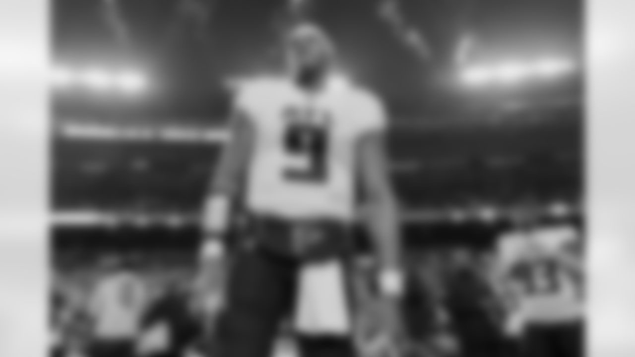 Atlanta Falcons quarterback Michael Penix Jr. #9 during the National Anthem before the Week 17 Game against the Washington Commanders at Commanders Field in Greater Landover, Maryland on Sunday, December 29, 2024. (Photo by Shanna Lockwood/Atlanta Falcons)