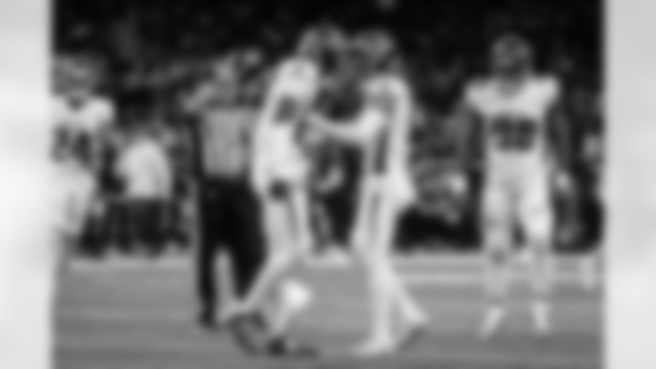 Atlanta Falcons edge rusher James Pearce Jr. #27 and Atlanta Falcons safety Jessie Bates III #3 during the Week 12 Game against the New Orleans Saints at Caesars Superdome in New Orleans, La. on Sunday, November 23, 2025. (Photo by Taylor McLaughlin/Atlanta Falcons)