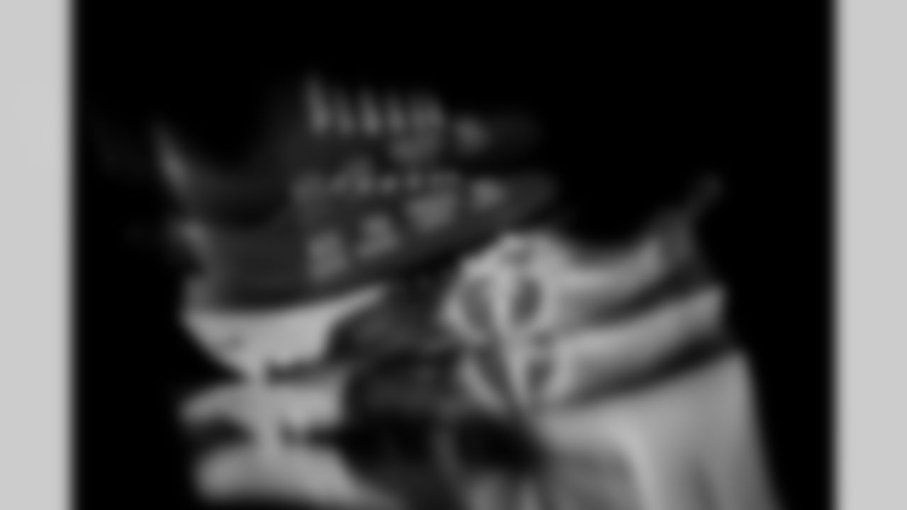 Photos of Atlanta Falcons linebacker Josh Woods #42's cleats for My Cause My Cleats at the Atlanta Falcons Training Facility in Flowery Branch, Ga. on Wednesday, November 19, 2025. (Photo by Taylor McLaughlin/Atlanta Falcons)